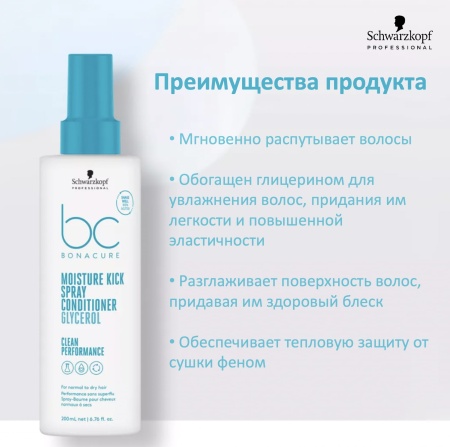 Schwarzkopf Professional Bonacure Clean Performance Кондиционер-спрей для увлажнения волос несмываемый Moisture Kick Spray Conditioner 200мл