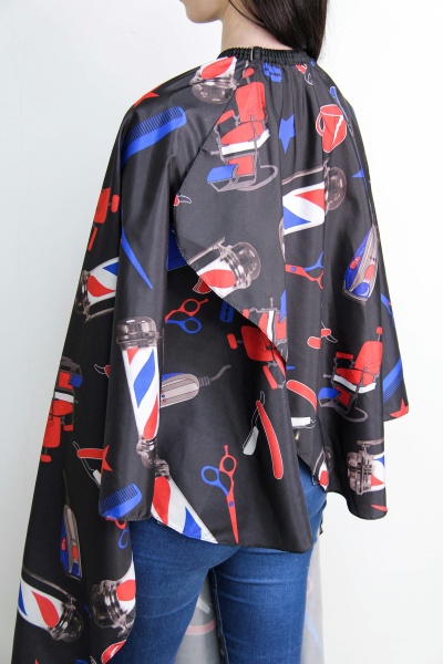 Пеньюар парикмахерский Barber Инструменты на резинке с крючками черный,140х160см