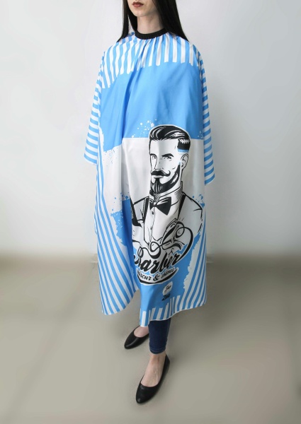 Пеньюар парикмахерский Barber на резинке с крючками синий, белые полоски,140х160см