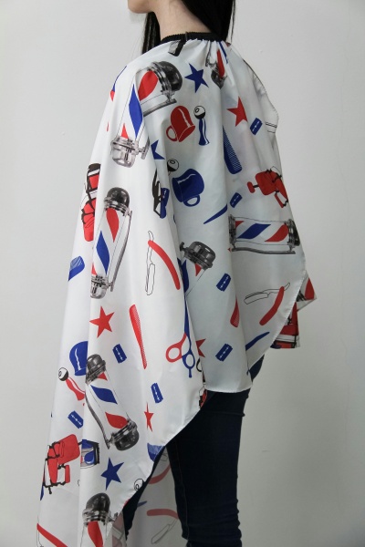 Пеньюар парикмахерский Инструменты на резинке с крючками разноцветные на белом фоне,140х160см