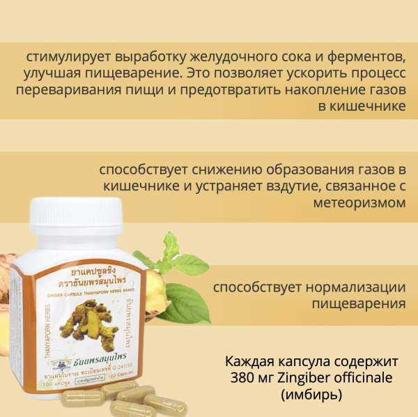 Thanyaporn Herbs Ginger Тайские капсулы имбиря для улучшения пищеварения и проявлений метеоризма 100шт