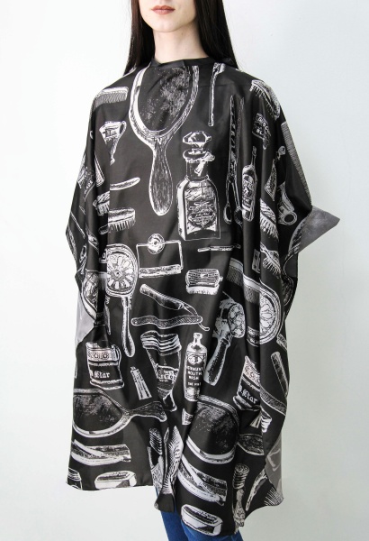 Пеньюар парикмахерский Инструменты на кнопке черный,140х160см