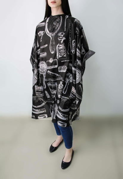 Пеньюар парикмахерский Инструменты на кнопке черный,140х160см