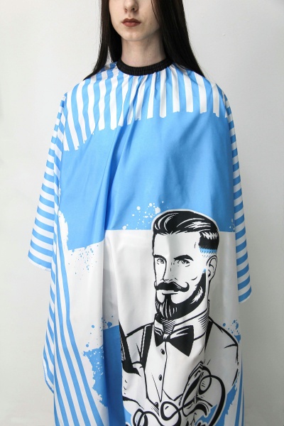 Пеньюар парикмахерский Barber на резинке с крючками синий, белые полоски,140х160см