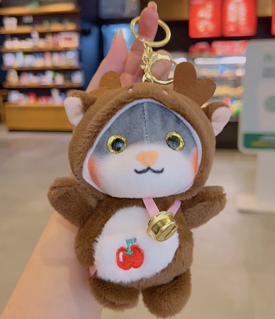 Брелок мягкая игрушка Кот в костюме коровы коричневый