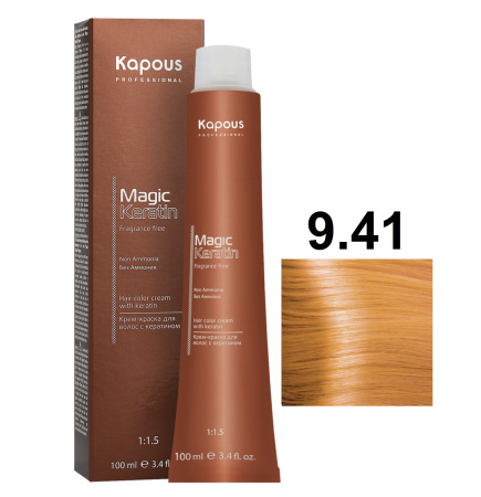 Kapous Professional Крем-краска Magic Keratin для окрашивания волос 9/41 очень светлый матовый медный блонд, 100мл