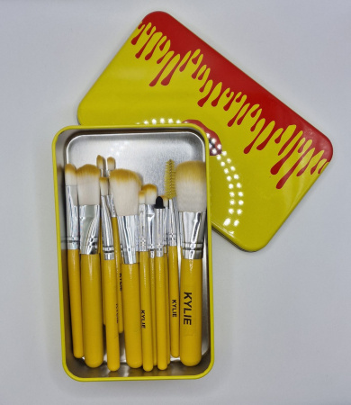 Y&M Набор кистей для визажа профессиональный 12шт Kylie, желтый (железная упаковка)